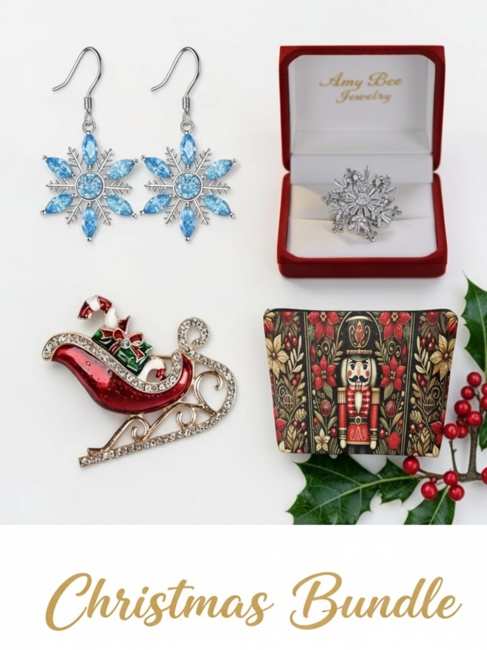 Christmas Bundle - Snowflake Ring, Sleigh Brooch, Nutcracker Bag & Earrings. New